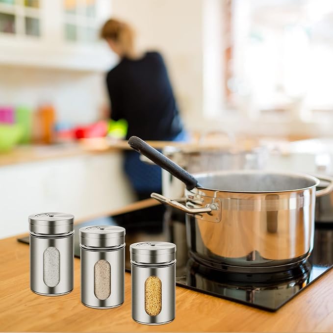 Dandat 36 Pcs Salt and Pepper Shakers Stainless Steel Spice Shakers with Adjustable Pour Holes and Glass Window 3.4oz Salt Dispenser Spice Jars with Rotating Lids for Sugar Seasoning Home