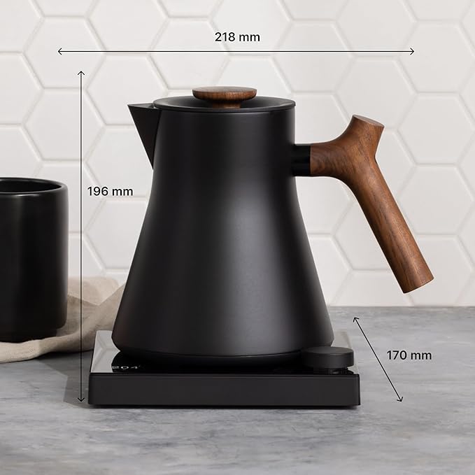 Fellow Corvo EKG Pro Studio Edition Electric Tea Kettle - Quick Heating, Precise Temperature Control, Scheduling, Built-in Brew Timer - Matte Black with Walnut Handle - 0.9 Liter