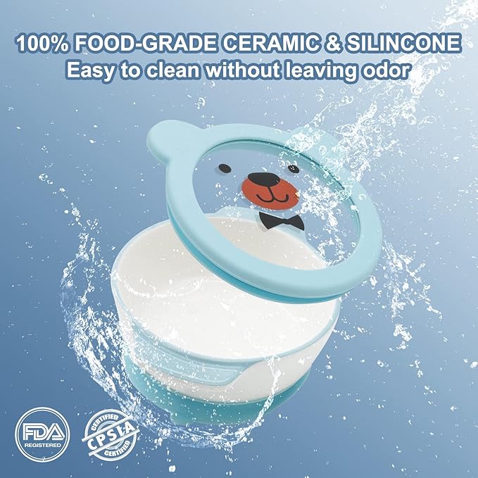 MR. CHOU Ceramic Baby Bowls with Suction Base, Infant Led Weaning Supplies with BPA Free Airtight Lid & Handles for Babies Self-feeding, 100% Food Grade Kid Bowls, Microwave & Dishwasher Safe, Blue