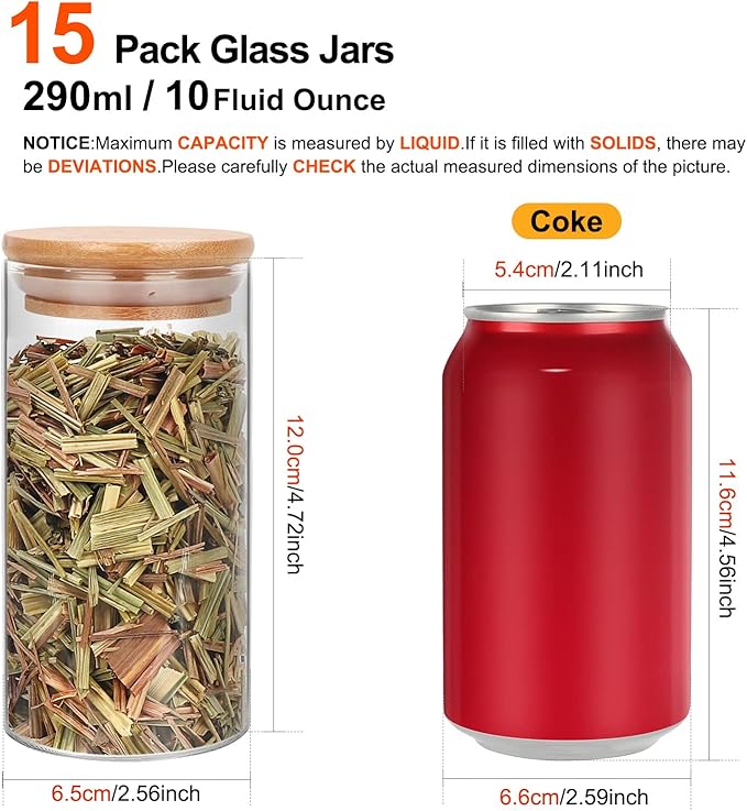 Glass Food Storage Containers Jars with Airtight Bamboo Lid 10 oz 15 pcs, 290 ml Pantry Organization Jar, Glass Terrarium with Lid, Spice, Flour and Sugar Container, Canister Set for Kitchen Counter