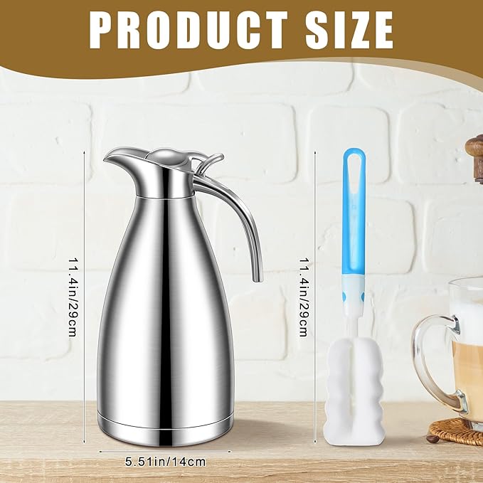 Uiifan 2 Pcs 68 oz Thermal Coffee Carafe Insulated Stainless Steel Coffee Carafe for Hot Liquids Vacuum Thermal Pot Creamer Dispenser with Brushes Keeping Hot Tea Milk Water(Silver)