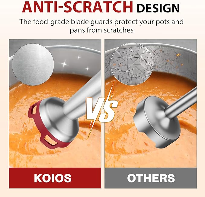 KOIOS Immersion Blender, 1000W Anti-scratch 3-in-1 Hand Blender, Upgraded 12 Speed Stainless Steel Blade Stick Blender with Turbo Mode, Whisk and Milk Frother, Non-BPA, Red