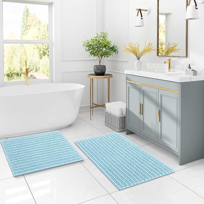 Arotive Luxury Chenille Bathroom Rug Mat, Extra Soft Thick Absorbent Shaggy Bath Rugs, Non-Slip Machine Wash Dry, Plush Bath Mats for Bathroom, Shower and Tub, 30x17, Blue