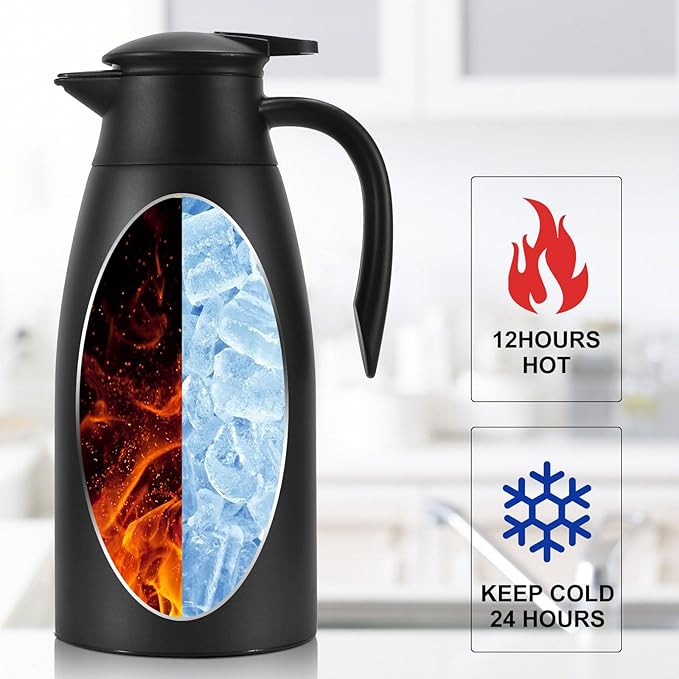 70 oz Thermal Coffee Carafe, Updated Insulated Stainless Steel Coffee Carafes for Keeping Hot Coffee & Water Hot Beverage-12Hours, Double Walled Vacuum Coffee Carafe (2black)