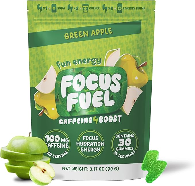 FocusFuel Energy Chews – Green Apple Flavor (15 Servings) – 100mg Caffeine + B12, Magnesium, Alpha GPC – Boost Focus & Energy – No Crash or Jitters