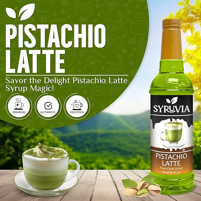 Syruvia Pistachio Latte Syrup & English Toffee Syrup - 25.4 fl oz. Premium Coffee Flavoring Syrup. Kosher, & Gluten-Free. Perfect for Enhancing Drinks, Smoothies, Sodas, Shakes, Desserts, & More.