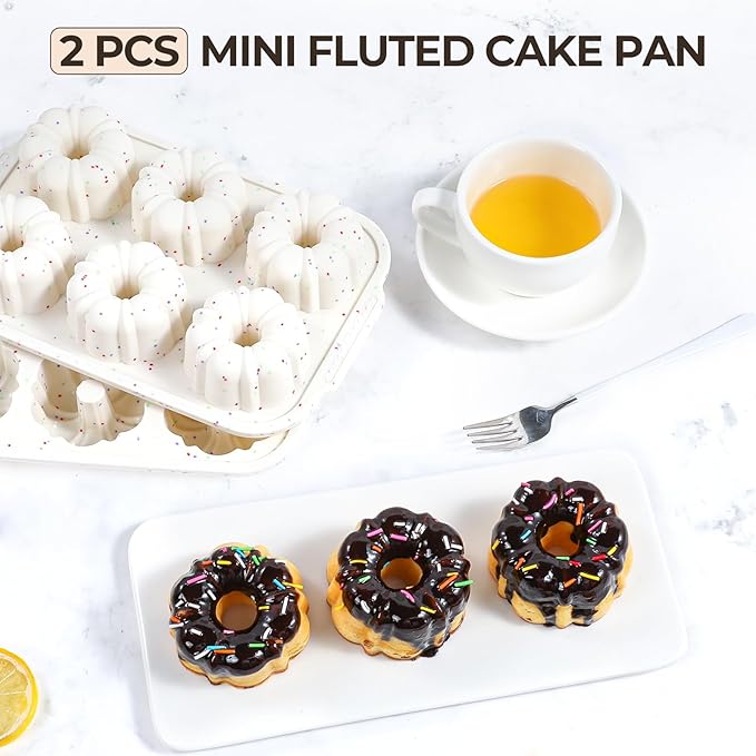 Mini Bundt Cake Pans for Baking, 2Pcs Silicone 6-Cavity Fluted Tube Cake Pan with Metal Reinforced Frame, Nonstick Baking Molds for Cupcake, Brownie, Donuts, Cornbread, Jello