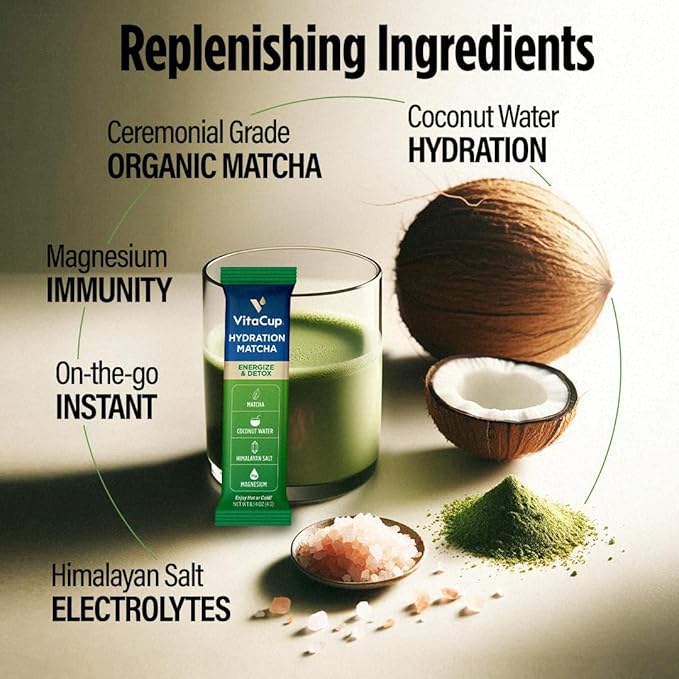 VitaCup Hydration Matcha Instant Packets, for Natural Energy and Detox, w/Electrolytes, Ceremonial Grade Organic Matcha, Coconut Water, Pink Himalayan Salt, Magnesium, in Single Serve Sticks, 60 Ct