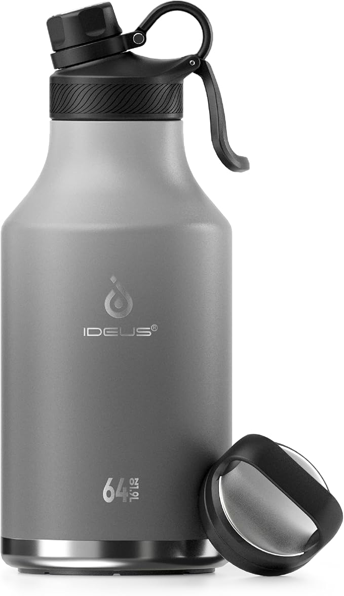 IDEUS Insulated Stainless Steel Water Bottle with 2 Leak-Proof Lids, Thermal Water Flask for Hiking Biking, 64oz, Bright Blue