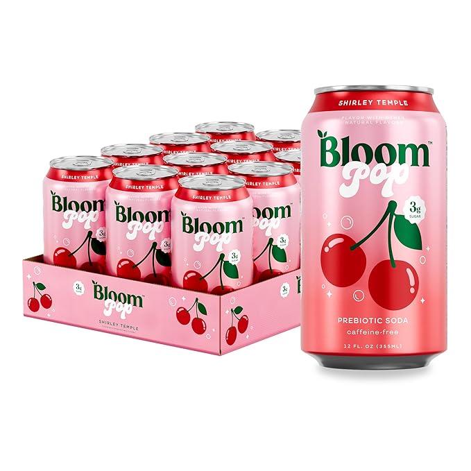 Bloom Pop Prebiotic Soda 12 Pack, Shirley Temple Flavor, 12oz Cans | Prebiotic Soda for Gut Health, Low Calorie Soda, No Caffeine, Healthy Soft Drink Alternative