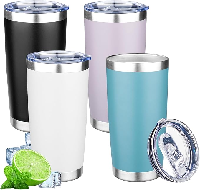 20oz Tumbler with Lid Double Wall Vacuum Insulated Travel Coffee Mug Stainless Steel Thermal Cup Powder Coated Sturdy Coffee Tumbler Bulk for Hot and Cold Beverages (Black-Glacier-Purple-White,4)