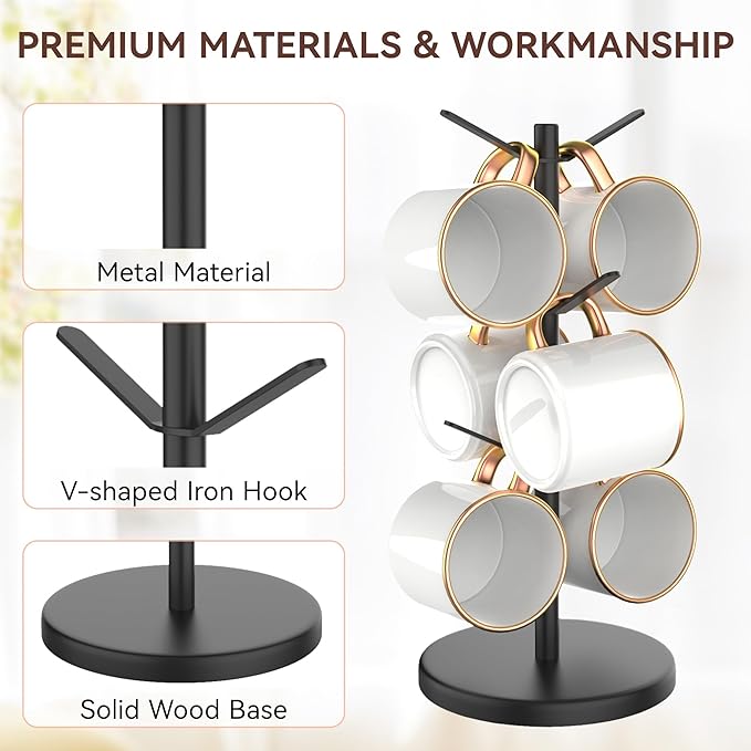 Coffee Mug Tree Holder Countertop, Non-Slip Walnut Wood Mug Rack with 6 Hooks, Coffee Cup Rack for Home Storage and Organizer (Black)