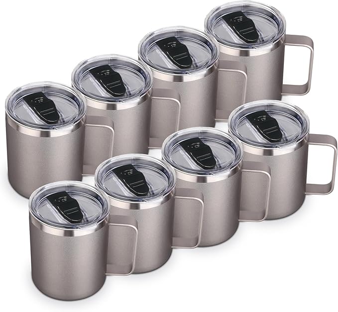 Volhoply 14oz Insulated Stainless Steel Coffee Mug with Lid Bulk 8 Pack,Double Wall Vacuum Travel Coffee Cup with Handle,Reusable Metal Cups Tumbler,Camping Mugs Keep Hot,Ideal Gifts(Gray,8 Set)