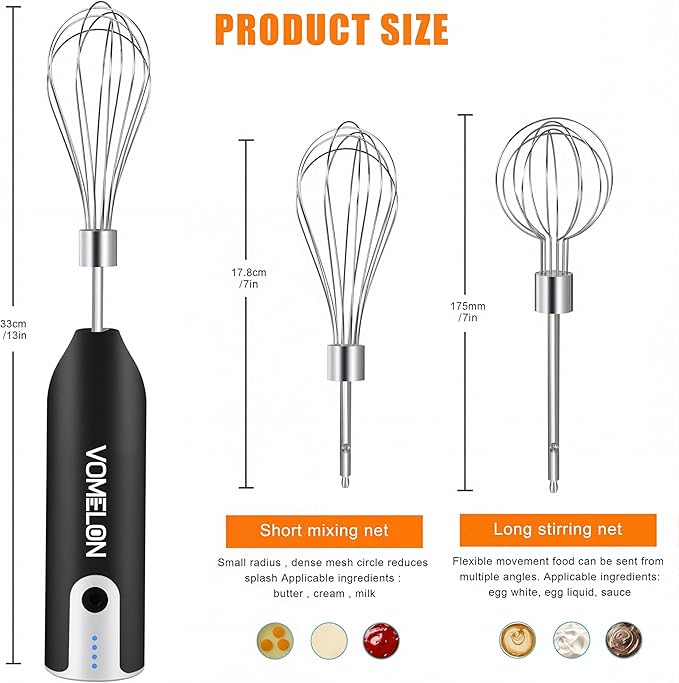 Electric Hand Mixer Whisk| Wireless Rechargeable Handheld Egg Beater with 2 Stainless Steel Mixing Heads | Portable Kitchen Aid Hand Mixer for Egg, Milkshake Cream, Cake, Baking & Cooking-Black