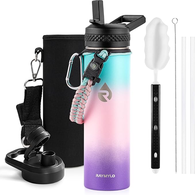 Insulated Water Bottle 20 oz, Triple Wall Vacuum Stainless Steel (Cold for 48 Hrs), Leak Proof & Non-BPA, Kids Water Bottle Jug for School with Straw Spout Lids, Hydrangea