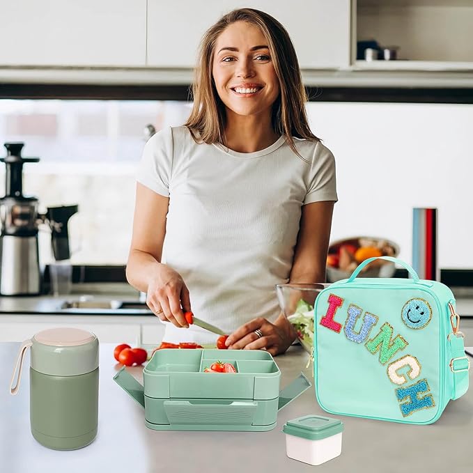 Girl Lunch Bag with 6 Compartment Bento Box with 10oz Thermo- Preppy Green Nylon Insulated Lunch Box Adjustable Strap, Birthday Gift For Girl Kids Teens Travel Picnic School