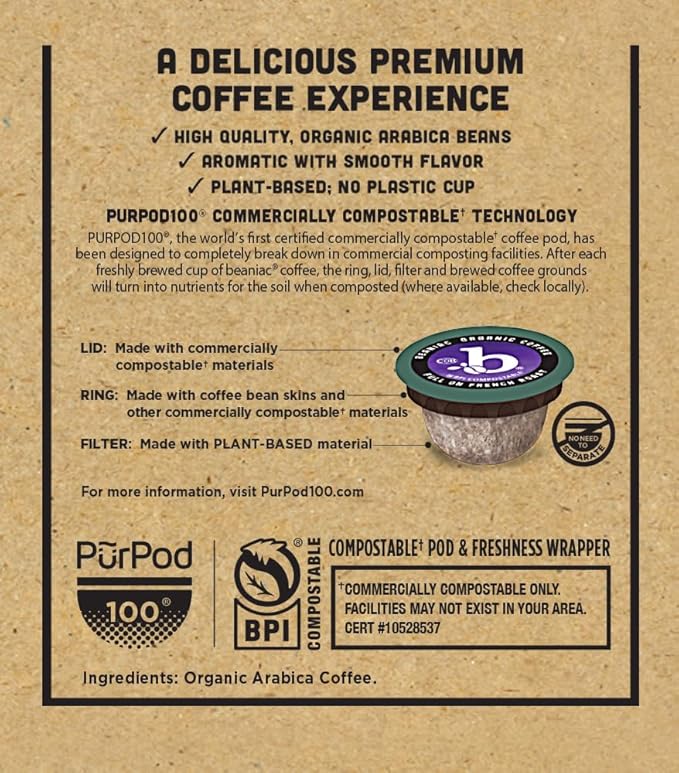 beaniac Organic Full On French Roast, Dark Roast, Single Serve Compostable K Cup Coffee Pods, Organic Arabica Coffee, Keurig Brewer Compatible, 72 Count