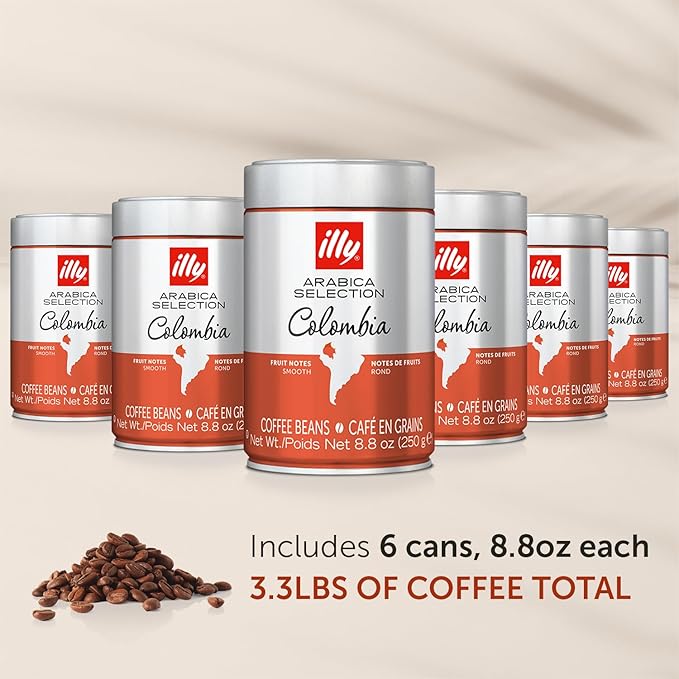 Illy Whole Bean Coffee, Colombia Medium Roast - Notes of Citrus and Red Fruits - 100% Arabica - Whole Beans - Pressurized Packaging Sealed for Freshness – 8.8oz Can (Pack of 6)