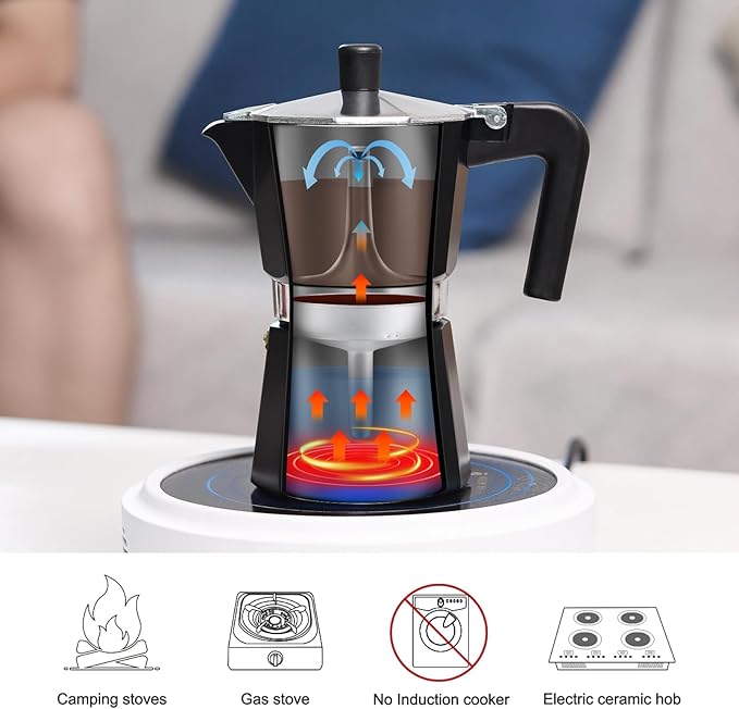 Sivaphe Aluminum Moka Pot 6 Espresso Cups, Percolator Espresso and Coffee Maker, Portable Stovetop Italian and Cuban Café Brewer for Home and Camping Black