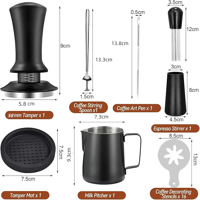 22 PCS Espresso Accessories Kit，58mm Coffee Tamper Set ，Barista Kit， - with Frothing Pitcher，WDT Tool，Stirrer，Tamper Mat ，Coffee Stencils，Latte Art Pen