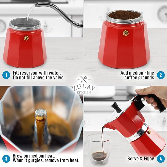 Zulay Classic Italian Style 6 Espresso Cup Moka Pot, Stovetop Espresso Maker for Great Flavored, Makes Delicious Coffee, Easy to Operate & Quick Cleanup Pot (Red)