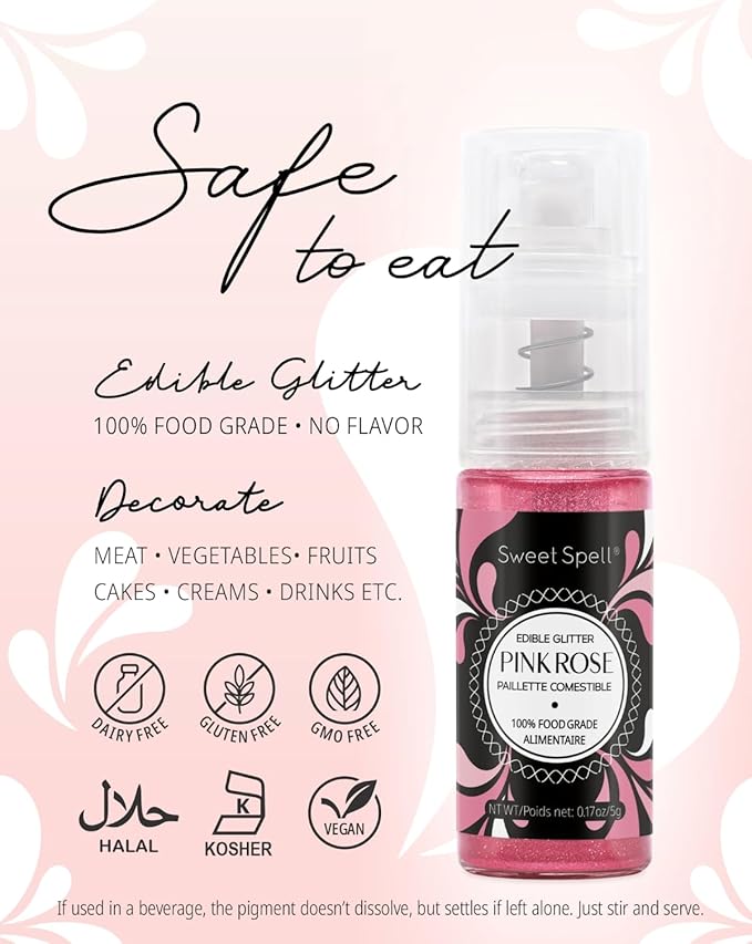 Sweet Spell Edible Cake Glitter Spray – Shimmering Magic for Cakes Decorating & Cocktails – 100% Edible, Food-Grade, Vegan, Gluten-Free (Pink)