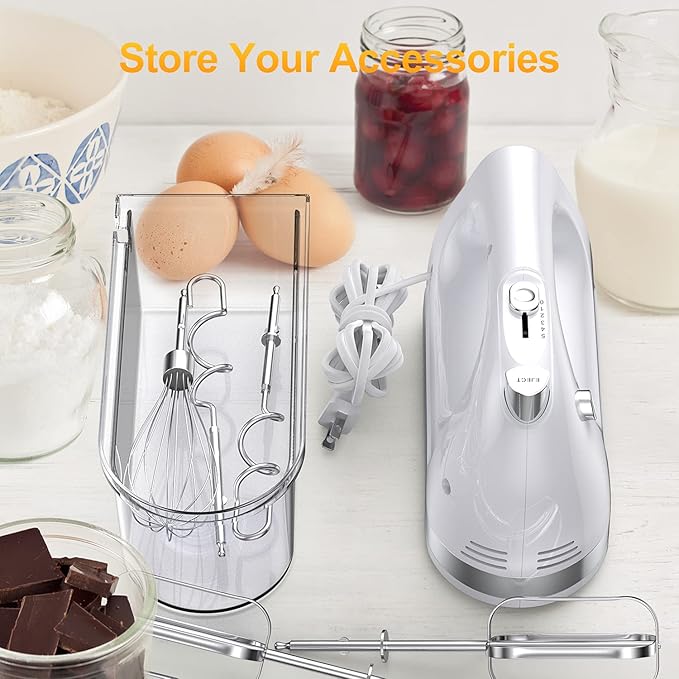 Hand Mixer Electric, 400W Food Mixer 5 Speeds Handheld Blender, 5 Stainless Steel Accessories, Storage Box, Kitchen Blender with Cord for Cream, Cookies, Dishwasher Safe, White