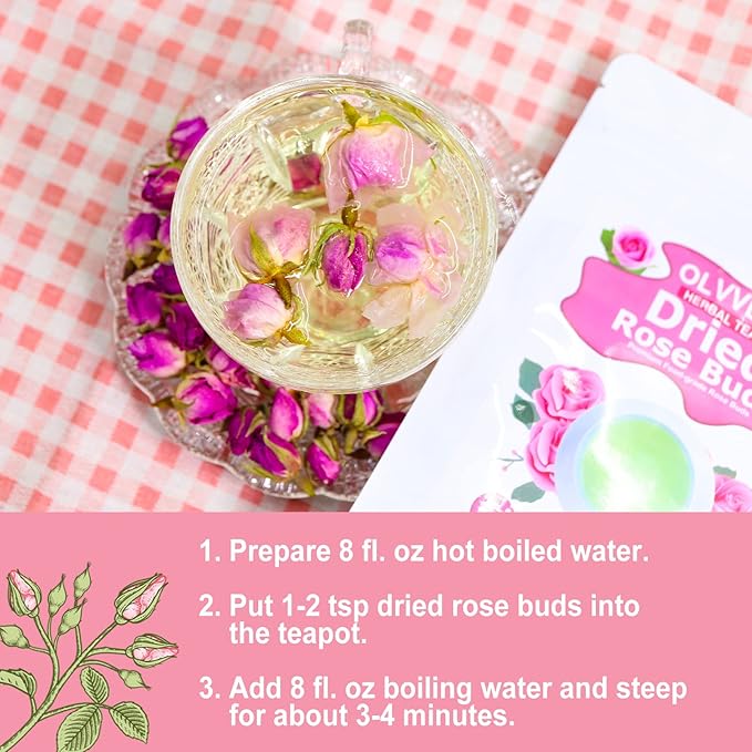 Olvvla - Dried Rose Bud For Fragrant Herbal Tea - 3.52oz/100g - Delicate Sweet and Refreshing - Natural Pink Rosebud Flower for Tisane, Decorative Desserts