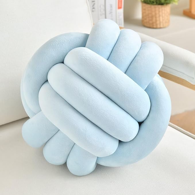 Decorative Throw Knot Pillow Ball for Home Chair Sofa Couch Bed Aesthetic Round Velvet Knotted Pillow Cushion (Ice Blue, 11 inches)