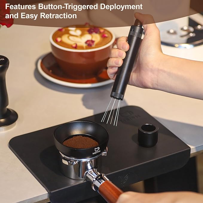 MEION Retractable WDT Espresso Distribution Tool Espresso Stirrer Tools, 0.35mm 6 Needles Coffee Distributor with Extra 6 Replaceable Needles, Espresso Machine Accessories for Barista (Black, V2)