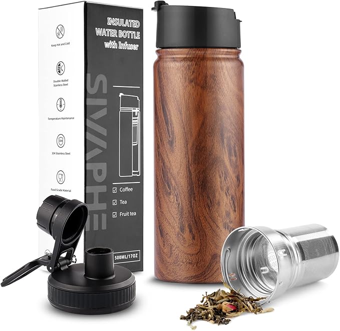Sivaphe Tea Infuser Bottle With Removable Loose Leaf Tea Strainer, 18/8 Stainless Steel Insulated Travel Tumbler Festival Gift(Wood Grain)