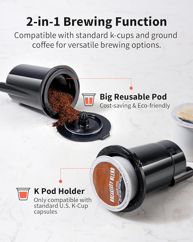 Hot & Iced Coffee Maker for K-Cups & Ground Coffee, Single-Serve Brewer with Bold Setting, Reusable Filter, Travel Mug Friendly, Compact & Quick Brew, White