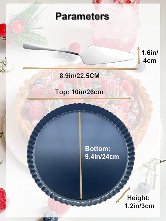 10 Inch Round Quiche Pans with Pie Cake Server. Removable Bottom, Non-Stick Coating, Rugged Carbon Steel for Tart Quiche Pie Baking. Gift for Women Wife Christmas Thanksgiving Party Festival