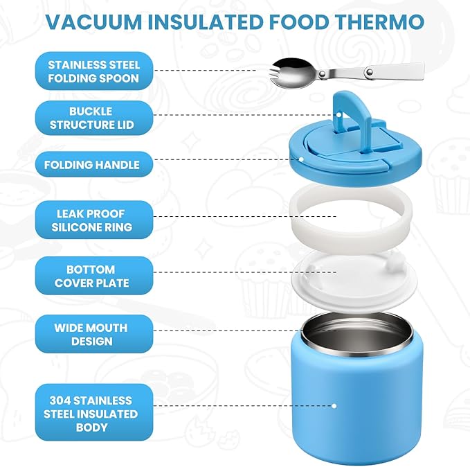 Soup Thermo for Hot Food Kids 25.5oz Lunch Containers with Buckle Lid Wide Mouth Hot Food Jar Vacuum Insulated Stainless Steel Bento Box Leakproof with Spoon(Blue)