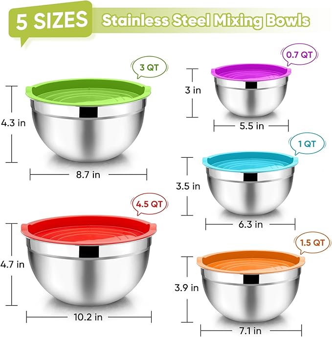 TeamFar Mixing Bowls, 4.5/3/1.5/1/0.7 QT, Stainless Steel Metal Nesting Salad Bowl with Lid Set of 5, Ideal for Prepping Serving, Healthy & Sturdy, Airtight Lid & Easy Clean, Multi-Color