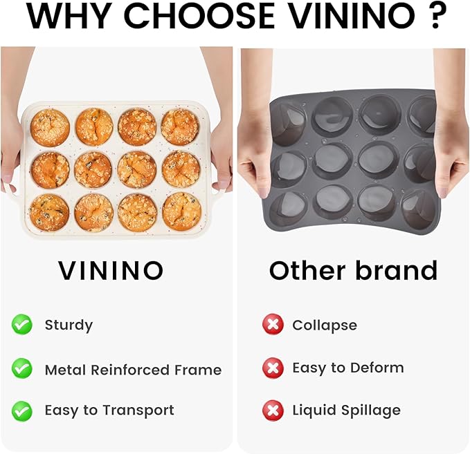 Vinino 2Pack Silicone Muffin Pan for Baking with Metal Reinforced Frame, Regular 12 Cup and Jumbo 6 Cup Nonstick Cupcake Pan Set, BPA Free Silicone Muffin Tray Molds for Oven Dishwasher Safe