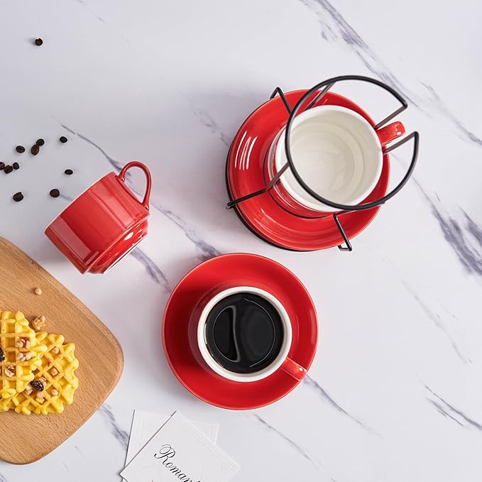 YOLIFE 8oz Porcelain Stackable Cappuccino Cups with Saucers and Metal Stand Set of 4, Coffee cups for Espresso, Specialty Coffee Drinks, Latte, Americano and Tea - Red
