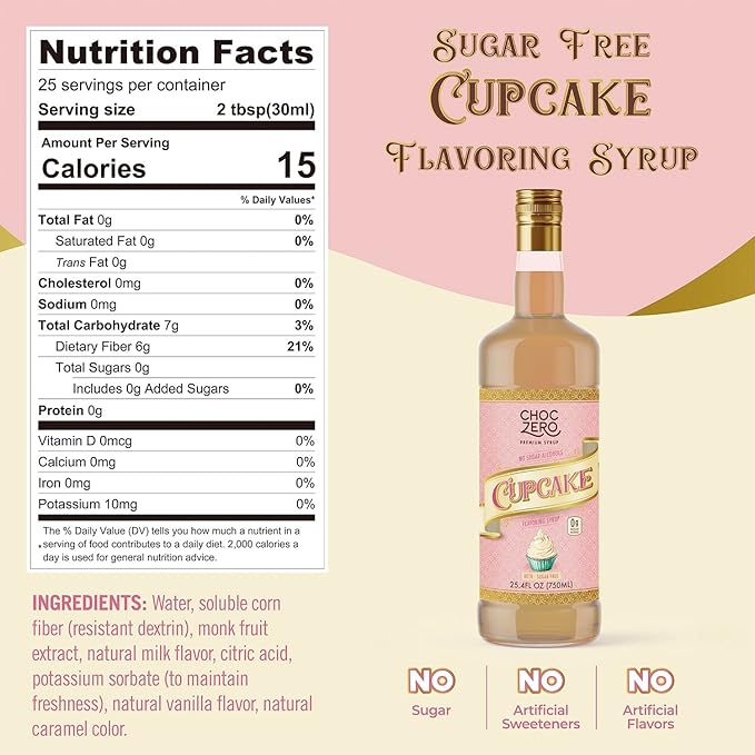 ChocZero Sugar Free Coffee Syrup, Cupcake Flavor, No Sucralose Simple Syrup Drink Mix, Birthday Cake Frappe, Protein Shakes & Baking, All Natural, 25.4 Ounces (Pack of 1)