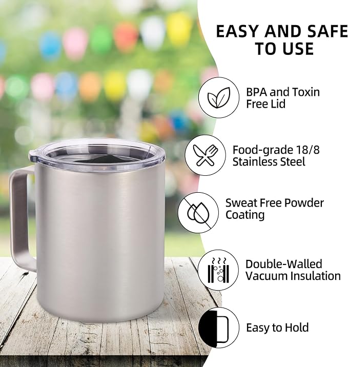 Volhoply 14oz Insulated Stainless Steel Coffee Mug with Lid Bulk 2 Pack,Double Wall Vacuum Travel Coffee Cup with Handle,Reusable Cups Tumbler,Camping Mugs Keep Hot&Cold,Ideal Gifts(MIX,2)