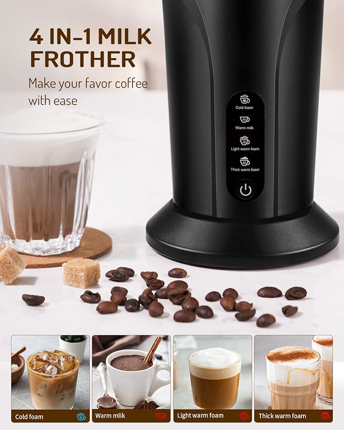 4-in-1 Electric Milk Frother and Steamer, Milk Steamer and Cold Foam Maker, Hot Chocolate Maker, Frother for Coffee, Latte, Macchiato, Cappuccino, BPA Free, Black