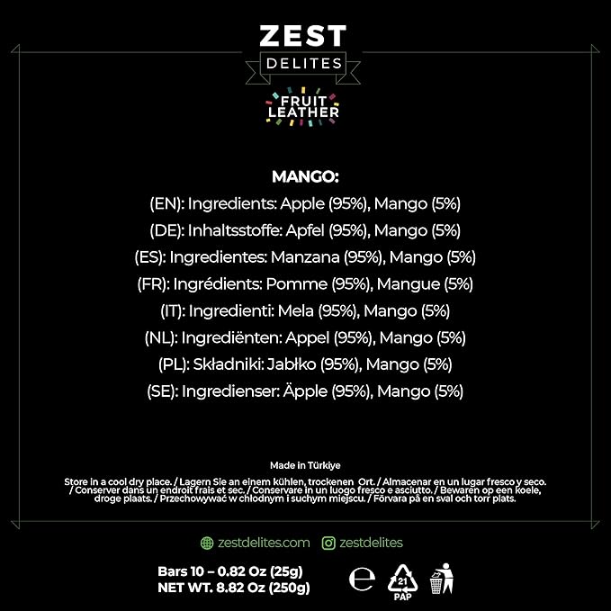 Fruit Snacks by Zest Delites, Fruit Leather, Dried Mango Bars, Healthy Snacks for Adults & Kids, No Sugar Added, Apple-Based Mango Strips, 0.88 oz x 10