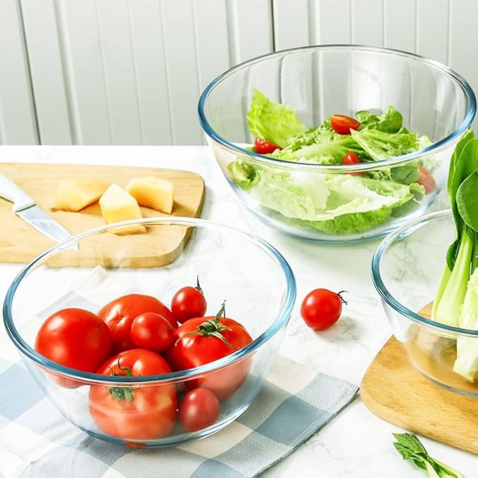 WhiteRhino Glass Mixing Bowls Glass Bowls with Lids Set(4.5QT,2.7QT, 1.1QT),Large Salad Bowls,glass mixing bowl Space-Saving Nesting Storage bowls for Cooking,Baking,Prepping,Dishwasher Safe