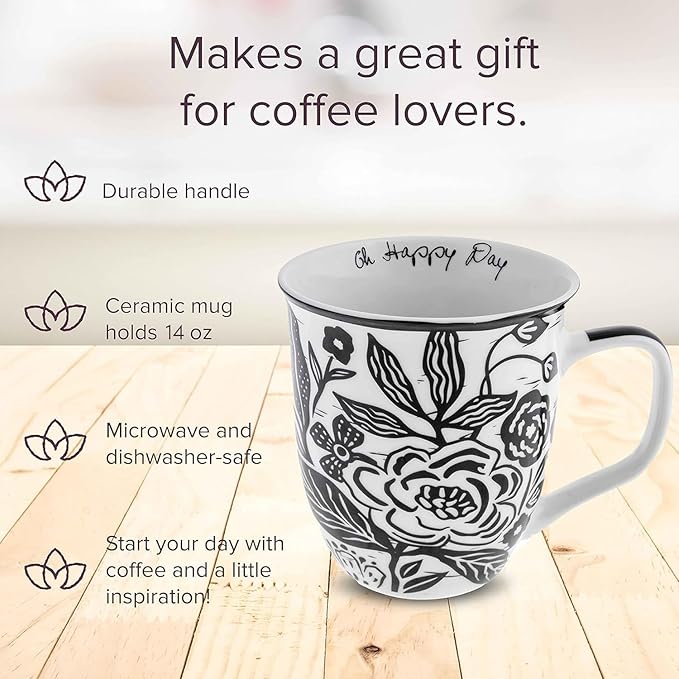 Karma Gifts 16 oz Black and White Boho Mug Floral - Cute Coffee and Tea Mug - Ceramic Coffee Mugs for Women and Men, 4.25" x 3.7"