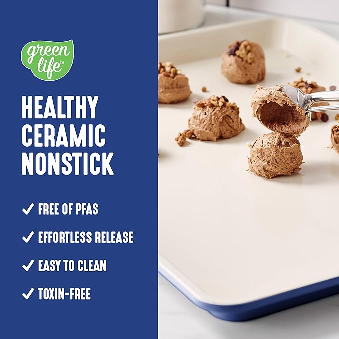 GreenLife Bakeware 18” x 13” Half Cookie Sheet Baking Pan, Non-Toxic PFAS-Free Healthy Ceramic Nonstick, Oven Safe to 450°F, Easy Release, Even Heating, Easy Clean, Navy