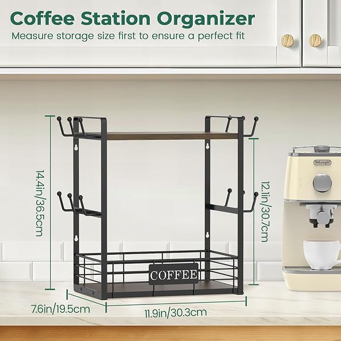 EsLuker.ly Coffee Mug Cup Holder Stand Bar Station Organizer for Countertop, Multi-Functional 2 Tier Mug Tree Rack for Kitchen, Storage Shelf with 12 Hooks, Brown-Black(Patented Design)