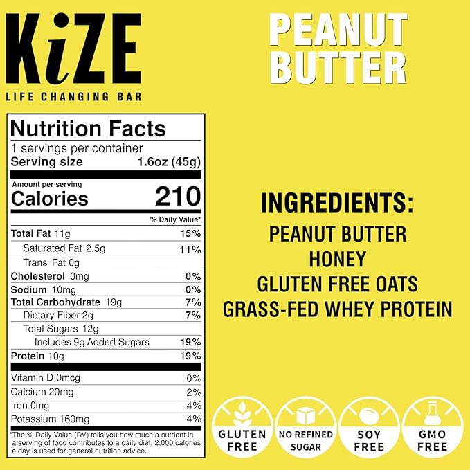 KiZE Energy Bars - Peanut Butter Lovers Variety Pack - Gluten Free, Dairy Free Options, Non-GMO, and High Protein Meal Replacement Energy Bars, Clean and Simple Food Ingredients - 7-10g High Protein Snacks, (10 Count)