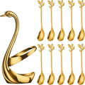 AnSaw Gold Small Coffee Spoon Holder Set,Swan Base With 10 Pcs Demitasse Espresso Spoons Set,4.7" Mini Leaf Dessert Spoon,Stainless Steel Tea Spoons