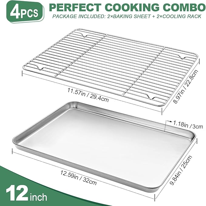 Stainless Steel Baking Sheets with Rack, HKJ Chef Cookie Sheets and Nonstick Cooling Rack & Baking Pans for Oven & Toaster Oven Tray Pans, Rectangle Size 12.5L x 10W x 1H inch & Non Toxic & Healthy