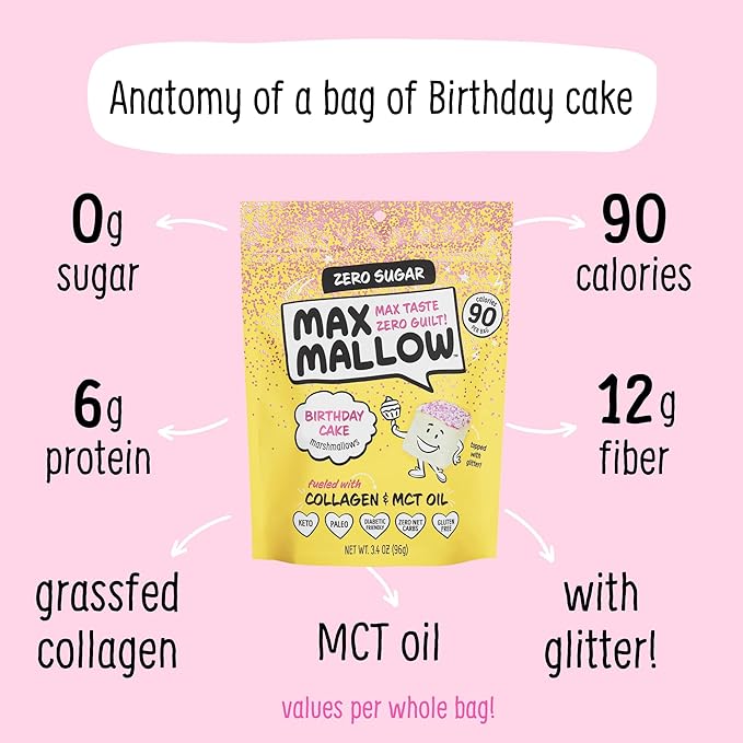 Max Mallow Sugar Free Marshmallows - Keto Friendly, Perfect for S'mores, Hot Chocolate, and Baking with Zero Sugar Snacks, Smores Mct Oil Zero Sugar Marshmellow Marshmallow Birthday Cake, 6 Pack