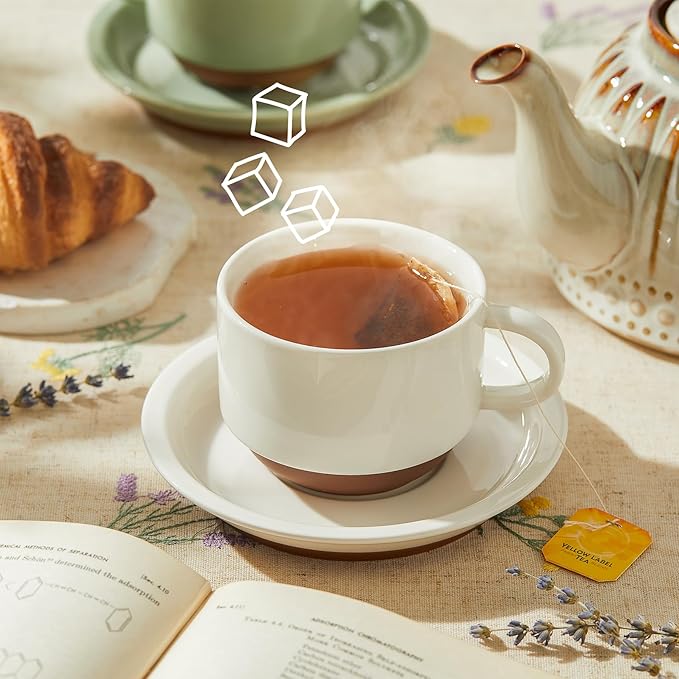 Sweese 8 Ounce Cappuccino Cups Set of 4, Porcelain Stackable Coffee Cups with Saucers and Metal Stand, Multicolor